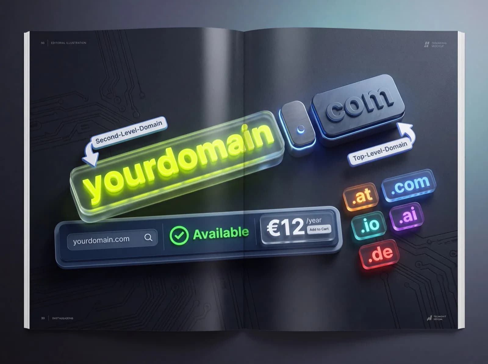 Строение домена: yourdomain.com с second-level domain и top-level domain, проверка доступности с ценой €12/год и выбор TLD (.at, .com, .io, .ai, .de)