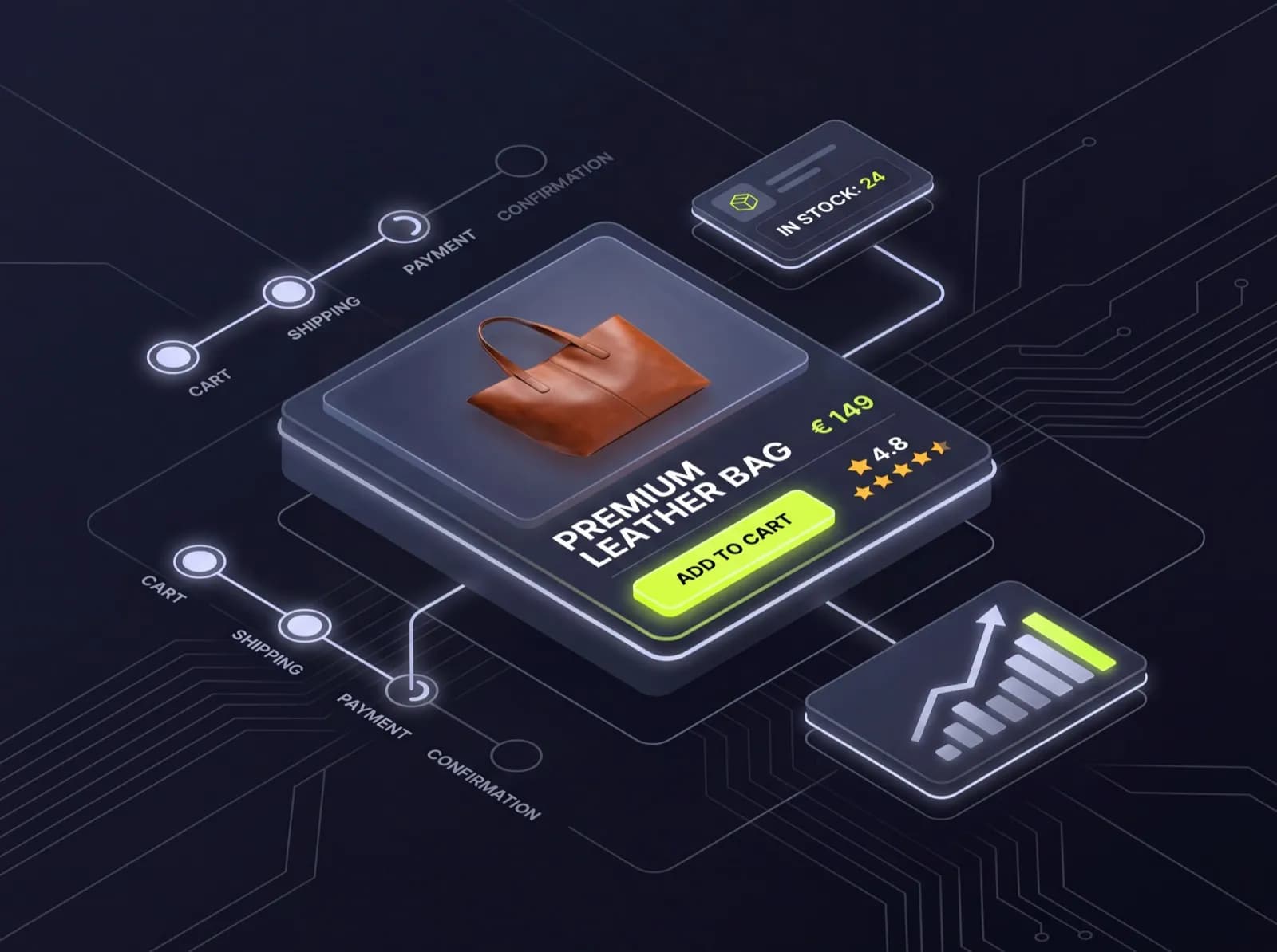 Макет страницы товара Shopify: Premium Leather Bag €149 с рейтингом 4.8 звезды, кнопкой Add to Cart и воронкой оформления заказа Cart → Shipping → Payment → Confirmation