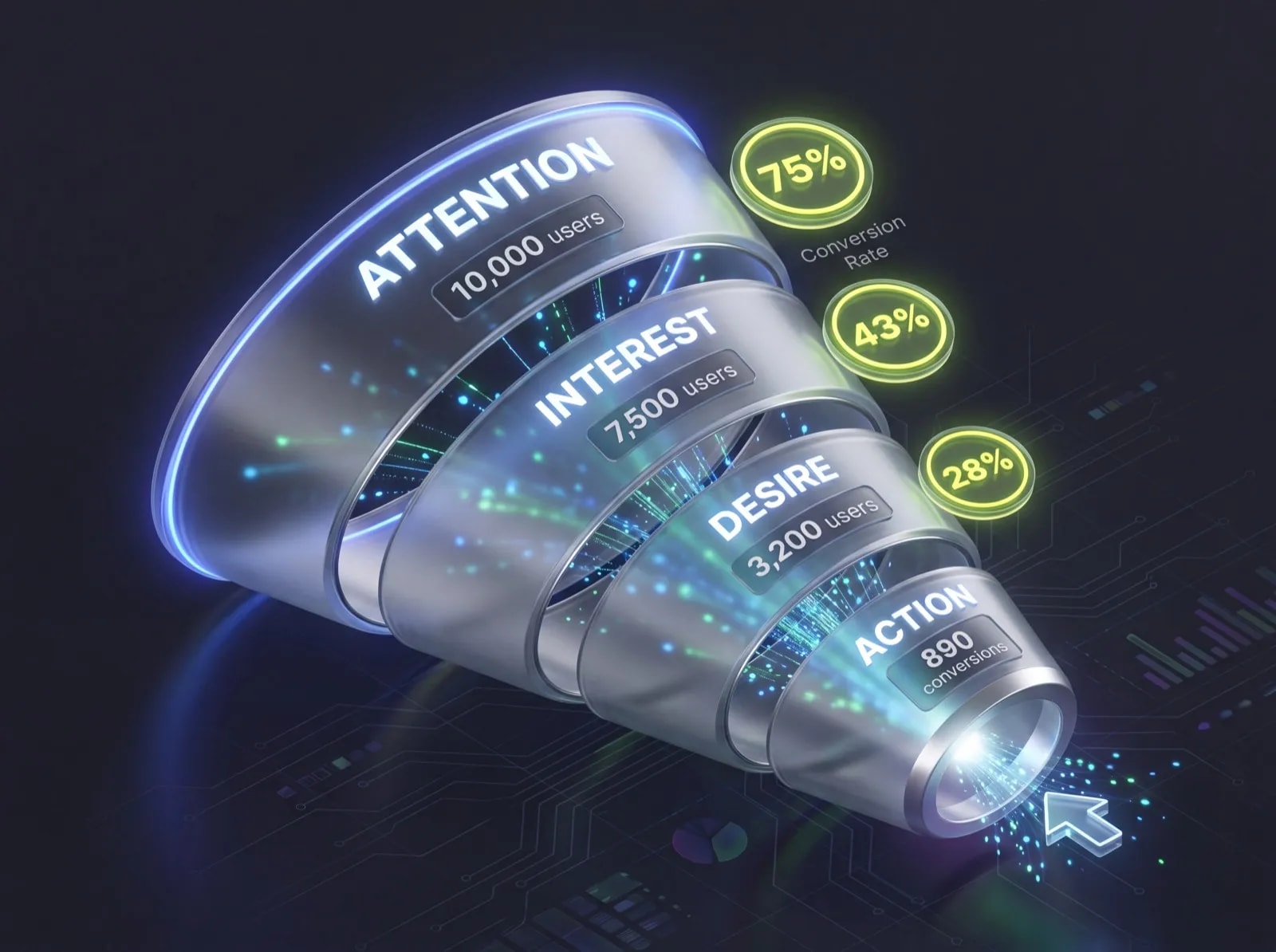 AIDA-модель маркетингового воронки: Attention 10 000 пользователей → Interest 7 500 → Desire 3 200 → Action 890 конверсий с показателями конверсии 75%, 43% и 28%
