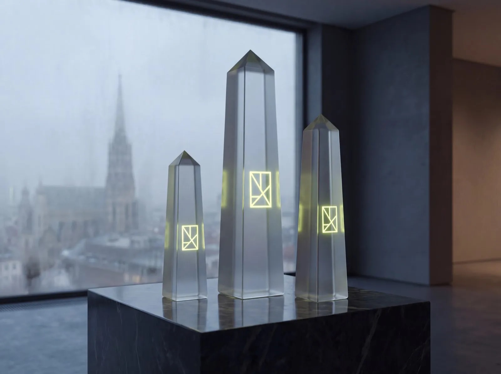 Лучшие AI-агентства Вены 2026: ranking-подиум с тремя стеклянными обелисками разной высоты и Стефансдомом на фоне