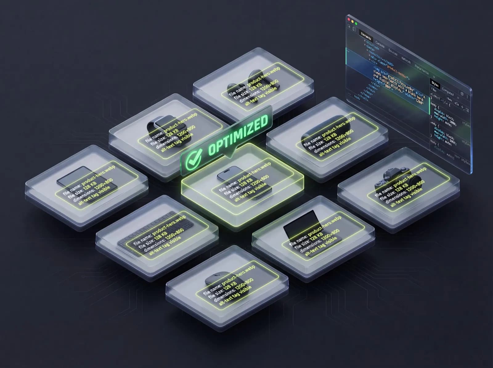 Сетка оптимизации SEO-изображений: 9 продуктовых картинок с метаданными (имя файла, размер 128 KB, размеры 1200x800, alt-текст) и badge OPTIMIZED, справа DevTools с alt-атрибутом