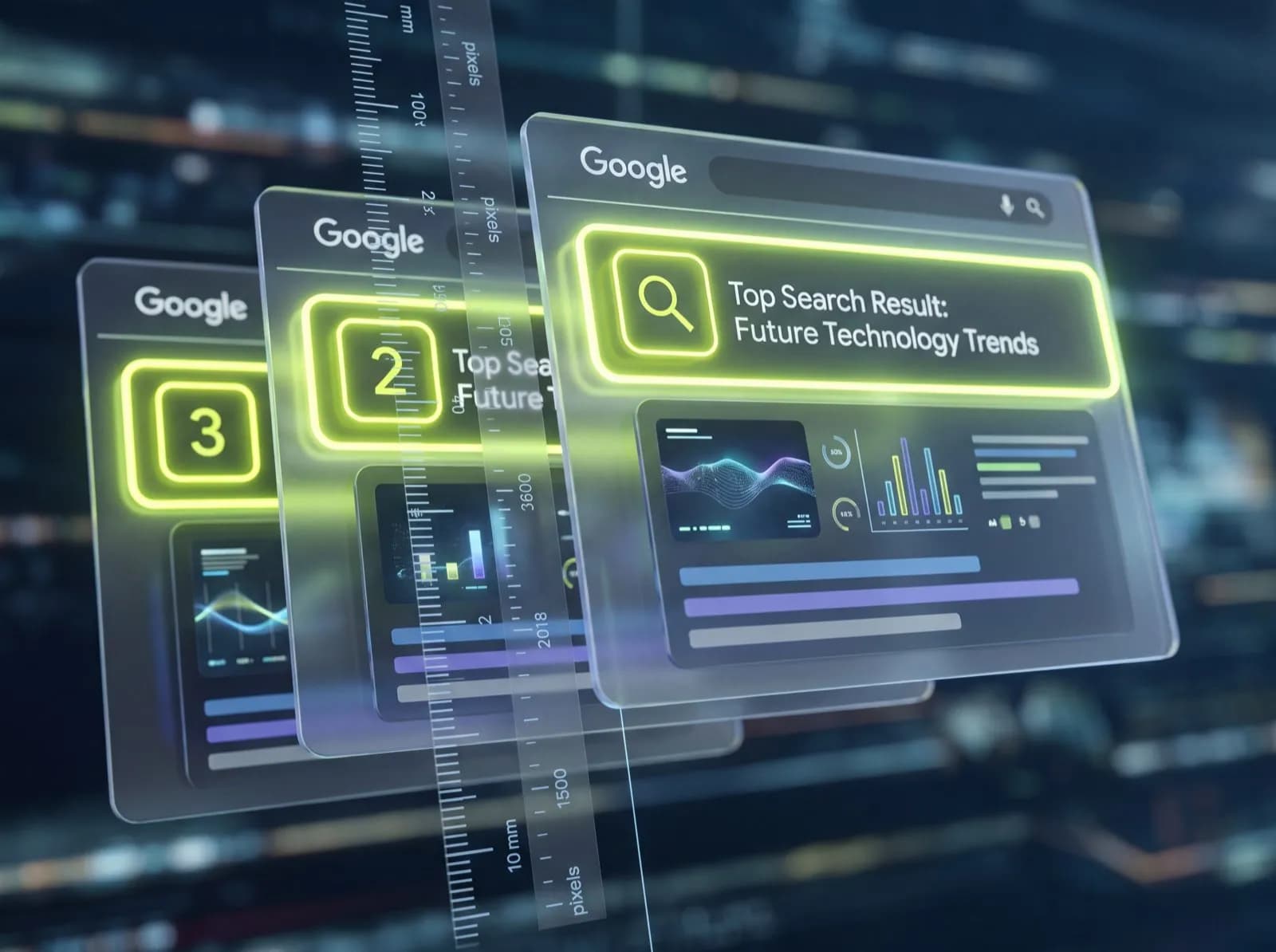 Бесплатная проверка позиций: Google SERP с позициями 1, 2 и 3, включая pixel-измерение места в выдаче