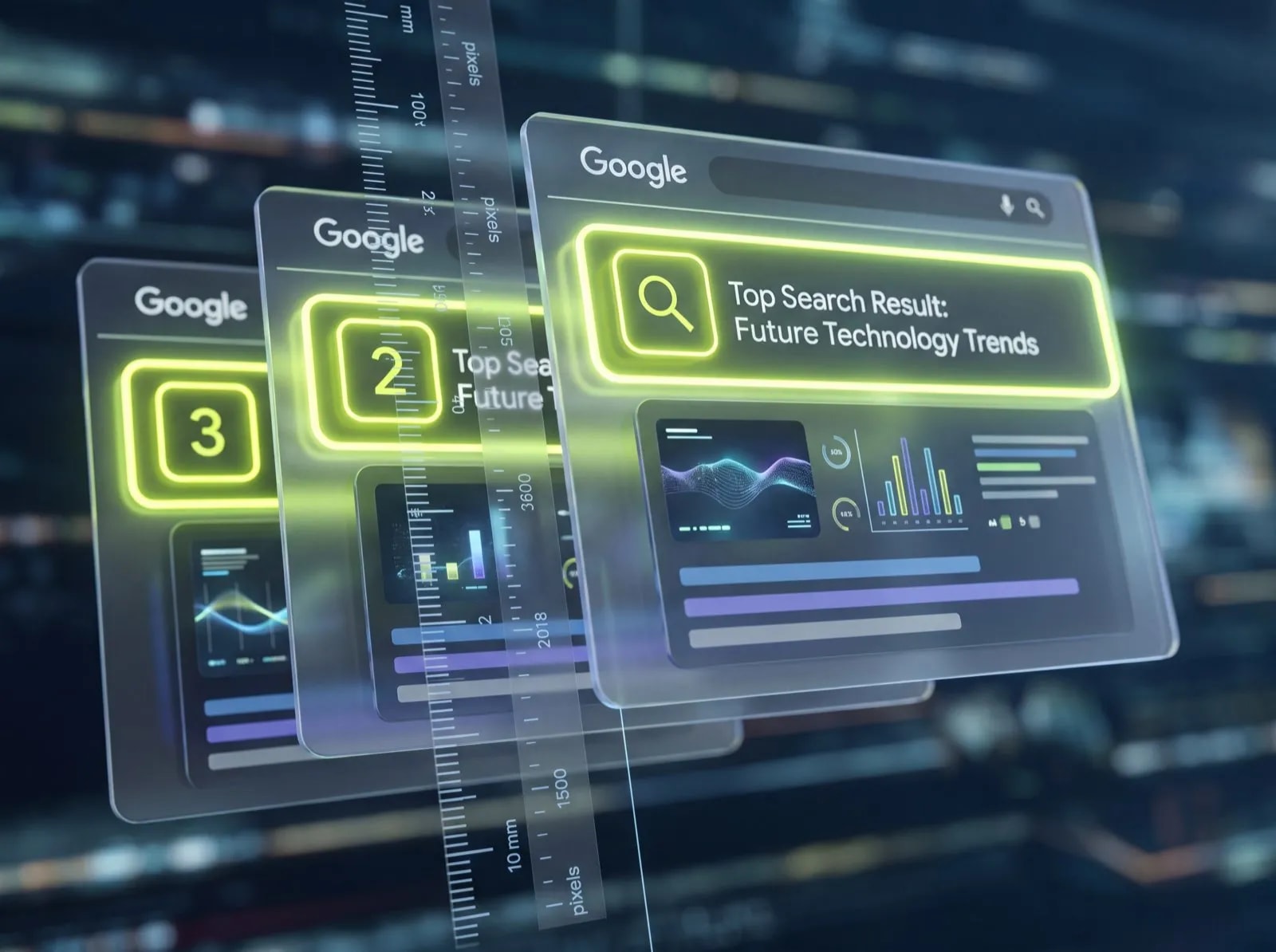 Бесплатная проверка позиций: Google SERP с позициями 1, 2 и 3, включая pixel-измерение места в выдаче