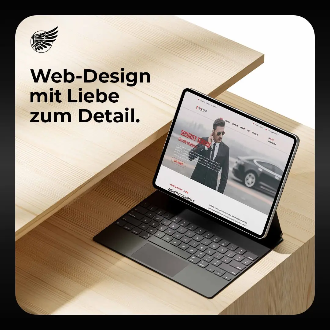 Tablet zeigt Golden Wings Branding und Webdesign Services, hervorragendes Beispiel für digitales Marketing aus Wien.