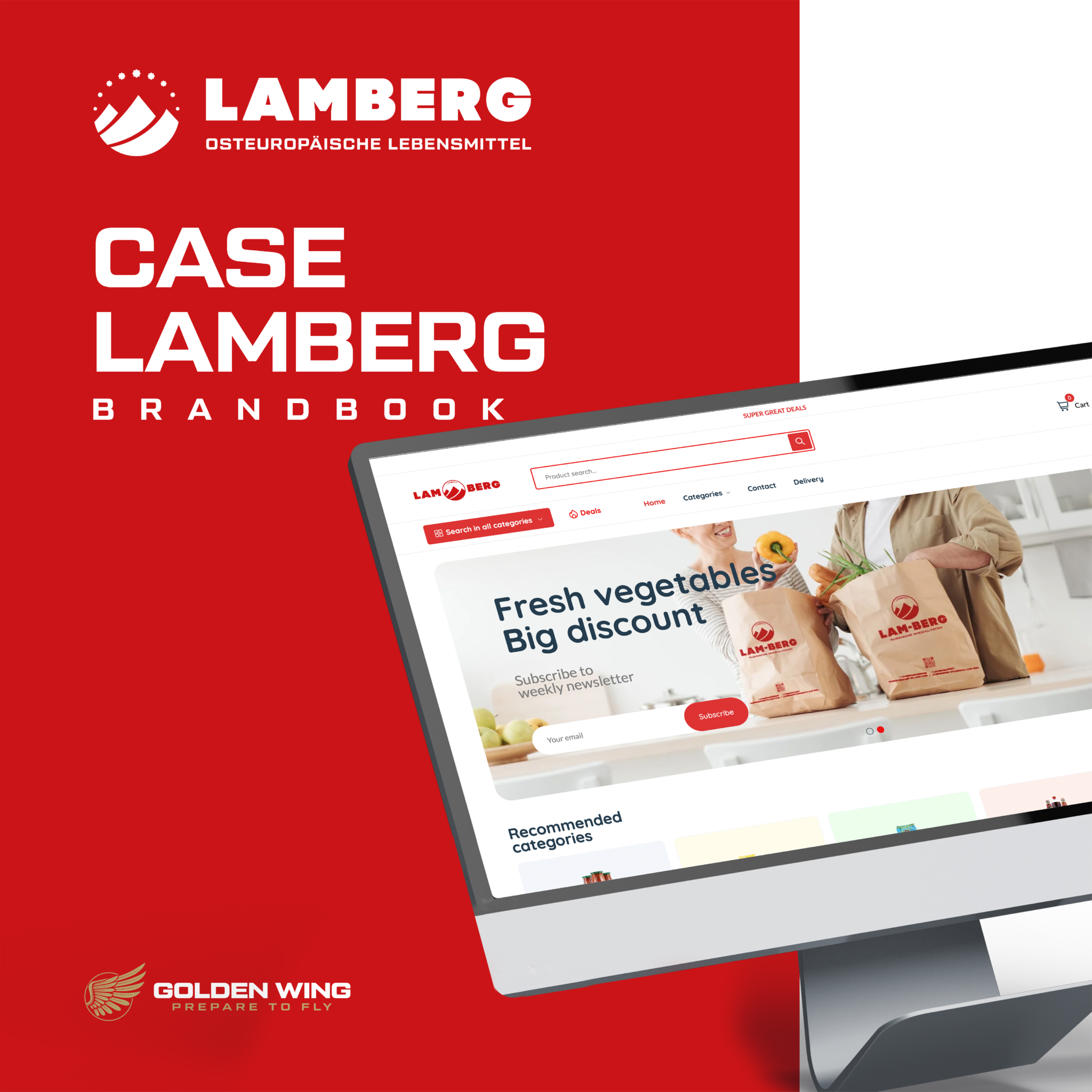 Lamberg Brand Book Cover zeigt die Online-Shop-Oberfläche auf einem Computerbildschirm und betont das technische Design des Lamberg-Logos. Das Bild spiegelt die sorgfältigen Branding-Bemühungen und E-Commerce-Fähigkeiten von Lamberg wider.