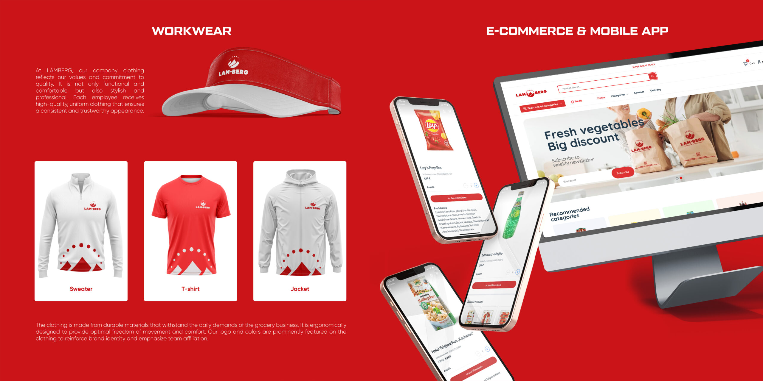 Lamberg Arbeitskleidung zeigt Uniformbekleidung einschließlich einer Kappe, einem Pullover, einem T-Shirt und einer Jacke, die für Langlebigkeit und Komfort entworfen wurden. Das Bild hebt auch die E-Commerce- und Mobile-App-Oberfläche hervor und betont die kohärente Markenstrategie des Unternehmens.
