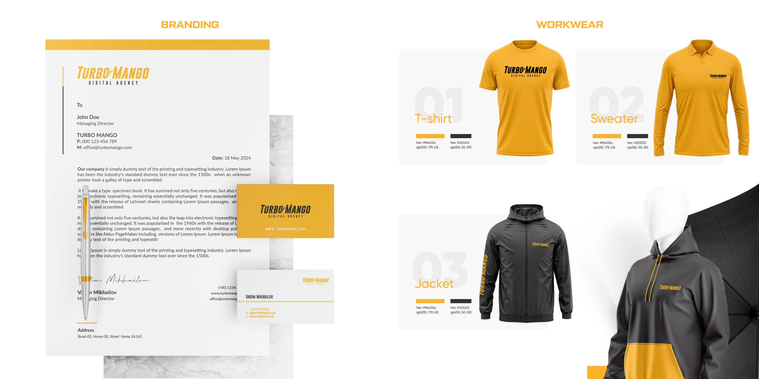 TurboMango Digital Agency Branding inklusive Briefkopf, Visitenkarte, Kugelschreiber und gebrandete Arbeitskleidung wie T-Shirt, Pullover und Jacke.