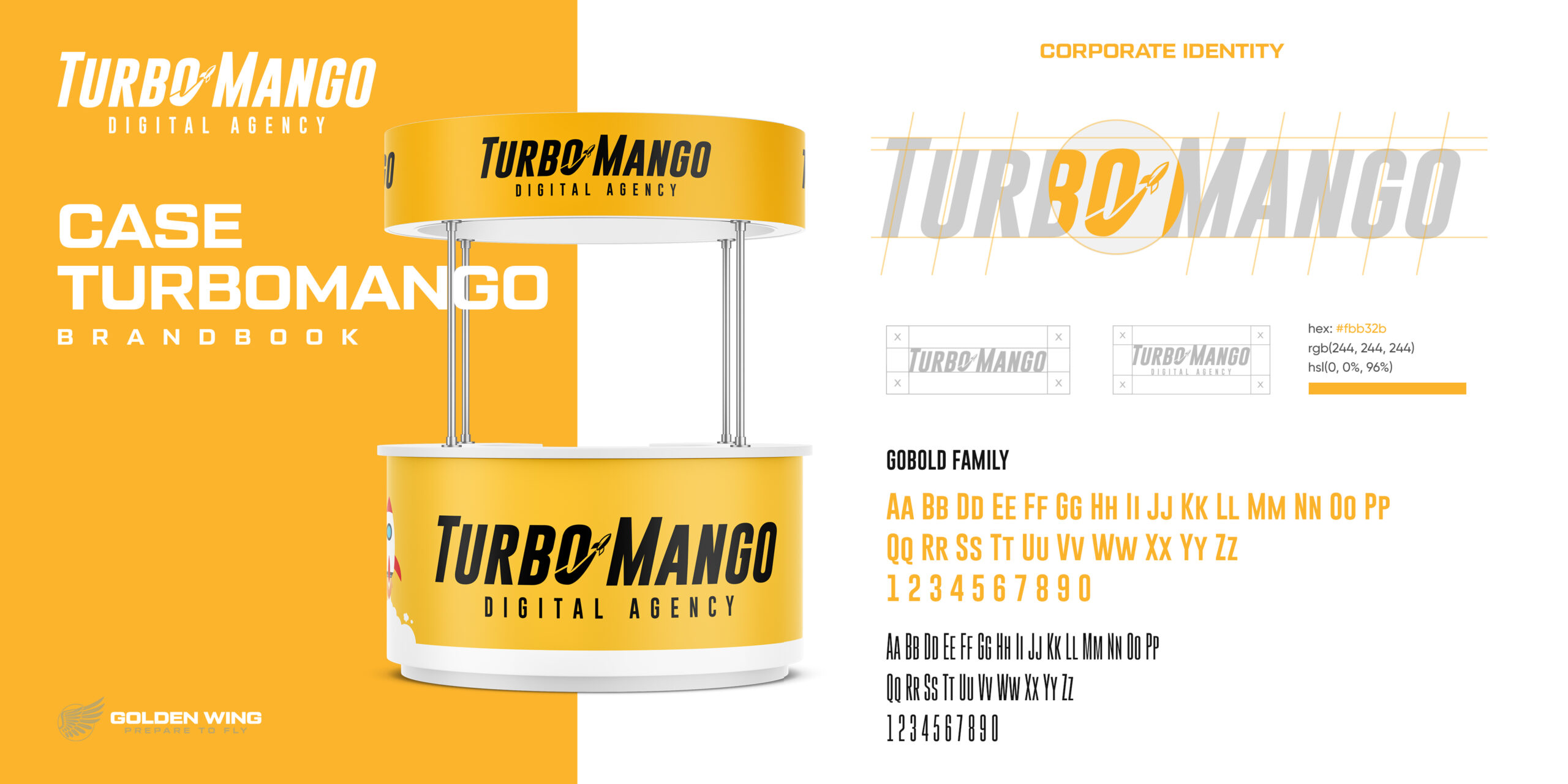 TurboMango Digital Agency Corporate Identity inklusive Logo-Design, Schriftfamilien-Spezifikationen und Messestand, der kohärente Branding-Elemente zeigt.